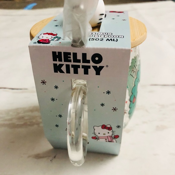 New Sanrio Hello Kitty Glass Mug Christmas Holiday Wood Lid Spoon Cup Handle - Picture 3 of 6